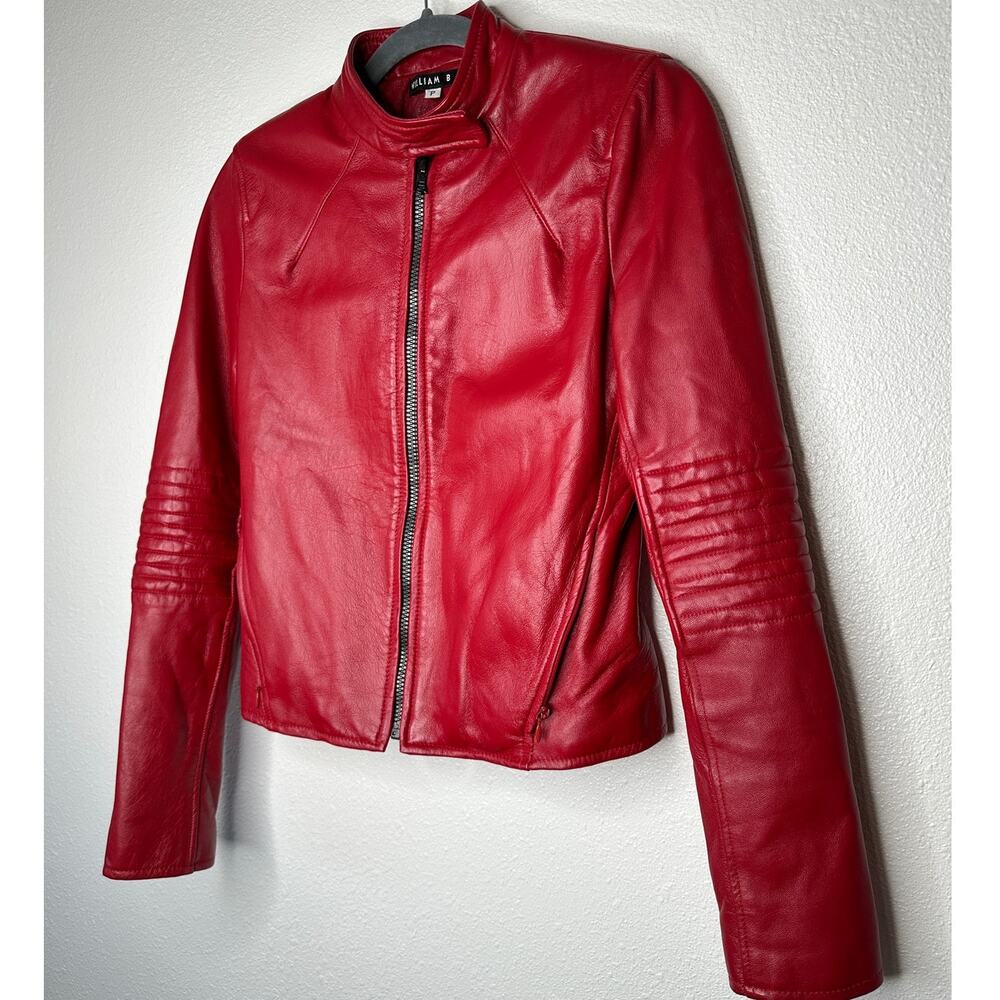 William B Cherry Red 100% Leather Moto Jacket Front Zip Silk Lining S - Picture 3 of 14